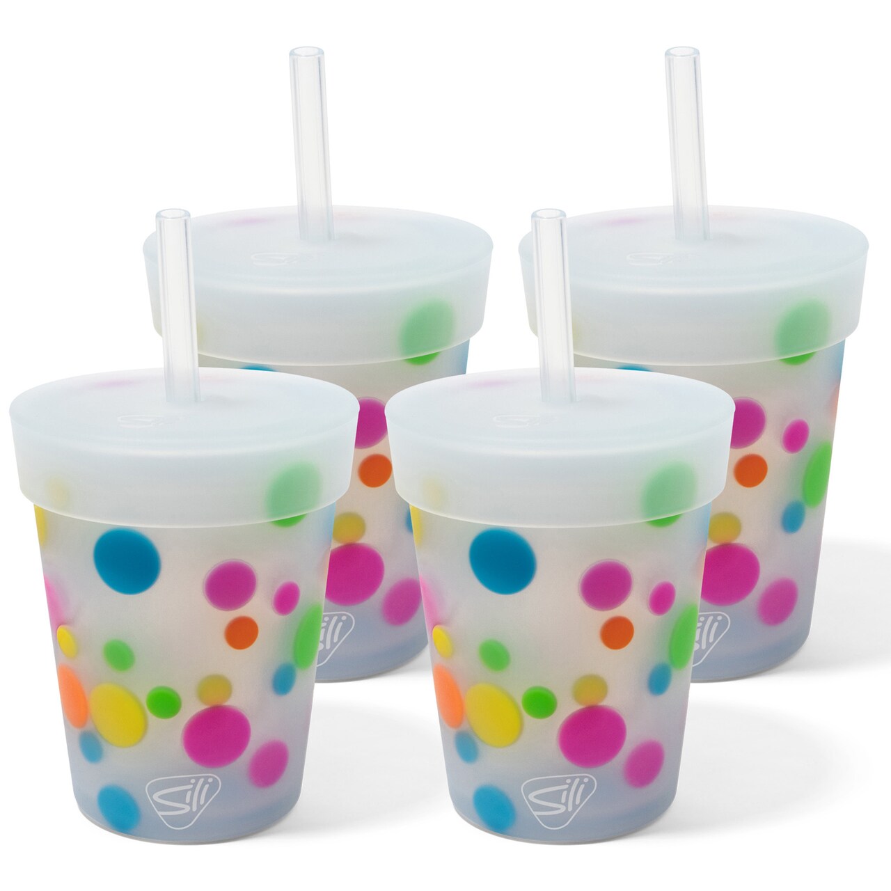 Silipint: Kids Straw Tumblers 8oz: 4 Pack - Polka Dots - Silicone Unbreakable Cups w/ No Leak Lids, Hot & Cold, Dishwasher-Microwave-Freezer-Oven Safe
